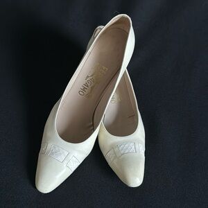 Salvatore Ferragamo Winter White Leather/Snakeskin Heels